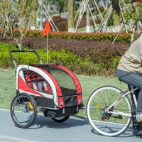HOMCOM Rimorchio bici per bambini 2 in 1 passeggino bici 2 posti con cintura di sicurezza a 5 punti, riflettori, bandiera, rosso(m-2)