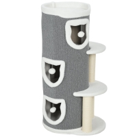 PawHut 101 cm Katzenturm, 3 Ebenen, 3 Schlafhöhlen, Spielbälle, Kratzpfosten, Sisal, Spanplatte, Grau