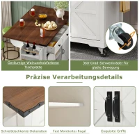 Kücheninsel mit klappbarer Tischplatte, Servierwagen auf Rollen mit 2 Schiebetüren und 3 Schubladen, 140 x 45/73 x 94 cm, Weiß(m-4)