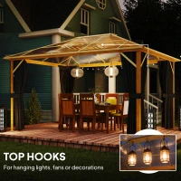 Outsunny Tuinpaviljoen ca. 4x3m aluminium paviljoen met polycarbonaat dak 6 mm muggennet 4 zijpanelen houtlook natuurlijk hout(m-7)