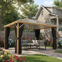Outsunny Gazebo da giardino in alluminio con tetto in policarbonato, 4x3 m, Legno naturale(m-2)