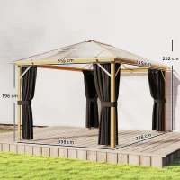Outsunny Pavillon de jardin env. 4x3 m Pavillon en aluminium avec toit en polycarbonate 6 mm Moustiquaire 4 côtés aspect bois Bois naturel(m-3)