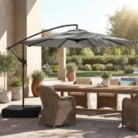 Outsunny Parasol cu braț lateral pentru grădină 300 cm cu bază în cruce, sac de nisip, parasol tip banană rotativ 360°, gri(m-5)