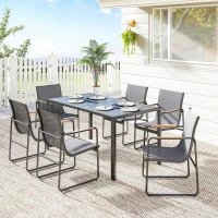 Outsunny 7-teiliges Outdoor-Esstisch-Set für 6 Personen, Glastisch und Mesh-Stühle mit dekorativen Armlehnen, Grau(m-6)