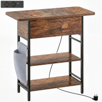 HOMCOM Slim Side Table with Charging Station, Industrial Narrow Bedside Table with Power Outlets & USB Ports, Storage Bag, for Bedroom, Living Room, Rustic Brown