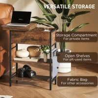 HOMCOM Slim Side Table with Charging Station, Industrial Narrow Bedside Table with Power Outlets & USB Ports, Storage Bag, for Bedroom, Living Room, Rustic Brown(m-5)