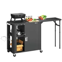 Outsunny Garten-Servierwagen Grillwagen auf Rollen mit klappbarer Seitenablage Schrank und Regalen 166 x 54 x 88 cm schwarz(m-8)