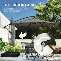 Outsunny Parasol cu braț lateral pentru grădină 300 cm cu bază în cruce, sac de nisip, parasol tip banană rotativ 360°, gri(m-4)