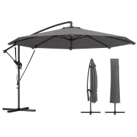 Outsunny Parasol déporté env. Ø300 cm inclinable Parasol avec manivelle pied croix cordes anti-vent housse Gris foncé(m-1)