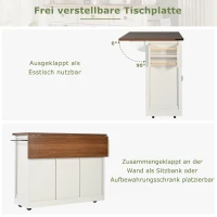 Kücheninsel mit klappbarer Tischplatte, Servierwagen auf Rollen mit 2 Schiebetüren und 3 Schubladen, 140 x 45/73 x 94 cm, Weiß(m-7)