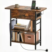 HOMCOM Slim Side Table with Charging Station, Industrial Narrow Bedside Table with Power Outlets & USB Ports, Storage Bag, for Bedroom, Living Room, Rustic Brown(m-10)