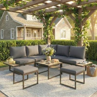 Outsunny Modulare Gartenlounge für 6 Personen mit Couchtisch und Seitentischen in PSPC-Holzoptik, dicke 10 cm Kissen, grau(m-2)