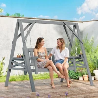 Outsunny Columpio de jardín para 2 personas, banco colgante de madera con estantes, portavasos y cadenas metálicas, Gris(m-5)