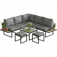 Outsunny Salón de jardín exterior 6 personas modular mesa baja y bandejas laterales efecto madera PSPC cojines gruesos 10cm gris(m-7)
