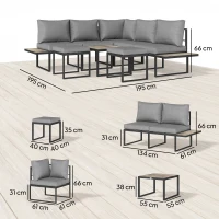 Outsunny Salon de jardin extérieur 6 personnes modulable table basse et plateaux latéraux en bois PSPC coussins épais 10cm gris(m-3)