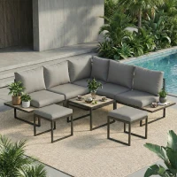 Outsunny Salón de jardín exterior 6 personas modular mesa baja y bandejas laterales efecto madera PSPC cojines gruesos 10cm gris(m-6)