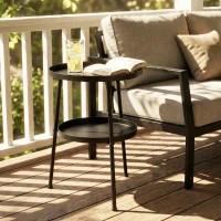 Outsunny Patio Side Table, 2-Tier Round Coffee End Table for Garden Balcony Living Room Bedroom, Black(m-7)