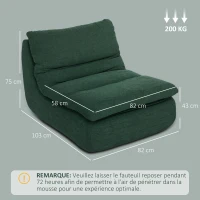 HOMCOM Fauteuil paresseux chauffeuse 1 place en mousse monobloc ultra haute densité, charge 200 Kg, 82x103x75cm, vert(m-3)