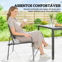 Outsunny Conjunto de Mobiliário para Jardim 150x80 cm Mesa com 6 Cadeiras Respiráveis Aparência de Madeira Estrutura em Aço Preto(m-6)