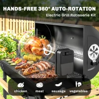 Outsunny Grătar pe cărbuni cu căruț de gătit, etajere pliabile, termometru, roți, rotisor electric, negru(m-5)