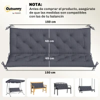 Outsunny Cojín para Banco de Jardín con Respaldo, 150x98x8 cm, Colchón de Banco de 3 Plazas para Interior y Exterior con Relleno Grueso y Cintas de Sujeción, para Columpio, Terraza, Balcón Gris Oscuro(m-3)