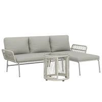 Outsunny Polyrattan tuinmeubelset 3-delig, loungeset met chaise longue tweezitsbank glazen tafel afneembare kussens(m-1)