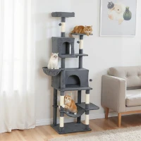 PawHut 202cm Large Cat Tree with 6 Scratching Posts, 2 Hammocks, 2 Condos, 2 Perches, Pompoms, for Indoor Cats to Rest and Play(m-2)