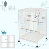 PawHut Jaula para Pájaros con Ruedas con Comederos Perchas Columpio y Bandeja Extraíble 48x46x78 cm Blanco(m-3)