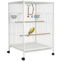 PawHut Jaula para Pájaros con Ruedas con Comederos Perchas Columpio y Bandeja Extraíble 48x46x78 cm Blanco(m-10)