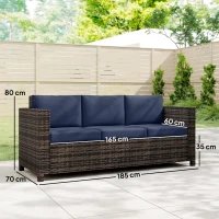 Outsunny 3 Seater Rattan Sofa All-Weather Wicker Weave Metal Frame Chair with Fire Resistant Cushio-Dark Blue(m-3)