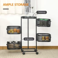 HOMCOM Wózek kuchenny z 4 poziomami, kosze z siatki, górna półka, obrotowe kółka, czarny(m-4)