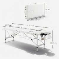 HOMCOM Mobile Massageliege 3 Zonen Klappbar Massagetisch mit Kopfstütze Armlehne Tragetasche höhenverstellbare Aluminium Massagebett tragbar inkl. Zubehör Massagebank bis 225 kg Belast Weiß(m-3)