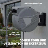 Outsunny Enrouleur Tuyau Arrosage Mural 40+2 m x Ø 15mm, Dévidoir de Tuyaux d'Eau Rétractable Automatique Pivotant à 180°, Gris(m-8)