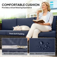 Outsunny 3 Seater Rattan Sofa All-Weather Wicker Weave Metal Frame Chair with Fire Resistant Cushio-Dark Blue(m-5)