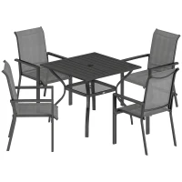 Outsunny 5 Pieces Outdoor Dining Set for 4, Garden Table and Stackable Chairs with Breathable Mesh Seat and Parasol Hole, Grey(m-1)