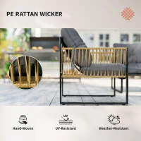 Outsunny 4-częściowy zestaw mebli ogrodowych z rattanu, komplet wraz z poduszkami, zestaw wypoczynkowy z 1 stolikiem kawowym z szklanym blatem, 2 fotelami i 1 dwuosobową sofą, stal, brązowy(m-4)