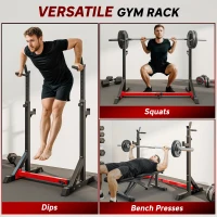 HOMCOM Stojak na sztangę, regulowany w wysokości stojak na sztangę, stojak na sztangę z gumowymi stopkami, 77-122 cm, do wyciskania na ławce, przysiadów, do 150 kg, stal, czerwono-czarny(m-4)