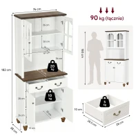 HOMCOM Szafka kuchenna z 2 szufladami, wysoki szafką z otwartą półką, szafka z witryną i funkcją Soft-Close do salonu, kuchni, 76 x 38 x 182 cm, biały(m-4)