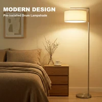 HOMCOM Floor Lamp, Modern Standing Lamp with Linen Lampshade, Round Base for Living Room, Bedroom, Dining Room, 153cm, Silver Tone(m-4)