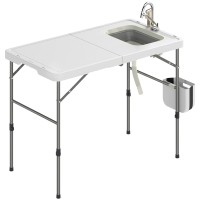 Outsunny Mesa Dobrável de Limpeza de Peixe com Altura Ajustável Pia Torneira Mangueira Cesto Dobrável Ranhuras e Bolsa