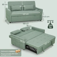 HOMCOM Three-Way 2 Seater Sofa Bed with Three-position back and Two Soft Pillows - Green(m-4)