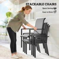 Outsunny 5 Pieces Outdoor Dining Set for 4, Garden Table and Stackable Chairs with Breathable Mesh Seat and Parasol Hole, Grey(m-6)