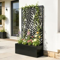 Outsunny Planter with Privacy Screen and Trellis, Tropical Leaf Motif, 61 x 23 x 113 cm, Black(m-4)