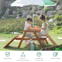 Outsunny Kids Picnic Table with Benches, Wooden Sand and Water Table, Adjustable Parasol, Storage Bins, for Kids 3-6 Years, Brown(m-4)