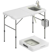 Outsunny Mesa Dobrável de Limpeza de Peixe com Altura Ajustável Pia Torneira Mangueira Cesto Dobrável Ranhuras e Bolsa(m-10)