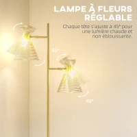 HOMCOM Lampadaire sur pied salon à double tête réglable, lampe sur pied, abat-jour en verre floral, 42 x 25 x 165 cm, doré(m-4)
