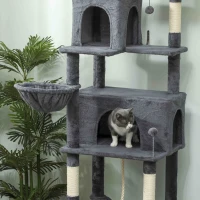 PawHut 202cm Large Cat Tree with 6 Scratching Posts, 2 Hammocks, 2 Condos, 2 Perches, Pompoms, for Indoor Cats to Rest and Play(m-14)