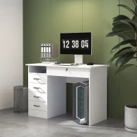 HOMCOM Bureau moderne avec 5 tiroirs, grand plateau, 1 compartiment ouvert, tiroir verrouillable, 110 x 50 x 76cm, blanc(m-10)