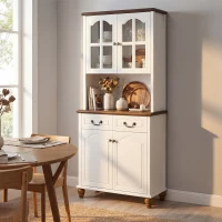 HOMCOM Szafka kuchenna z 2 szufladami, wysoki szafką z otwartą półką, szafka z witryną i funkcją Soft-Close do salonu, kuchni, 76 x 38 x 182 cm, biały(m-3)