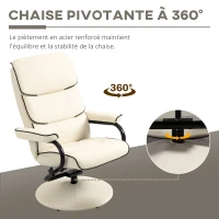 HOMCOM Fauteuil relax avec pouf, fauteuil TV avec dossier inclinable, pivotant à 360° assise rembourrée confortable, crème(m-5)